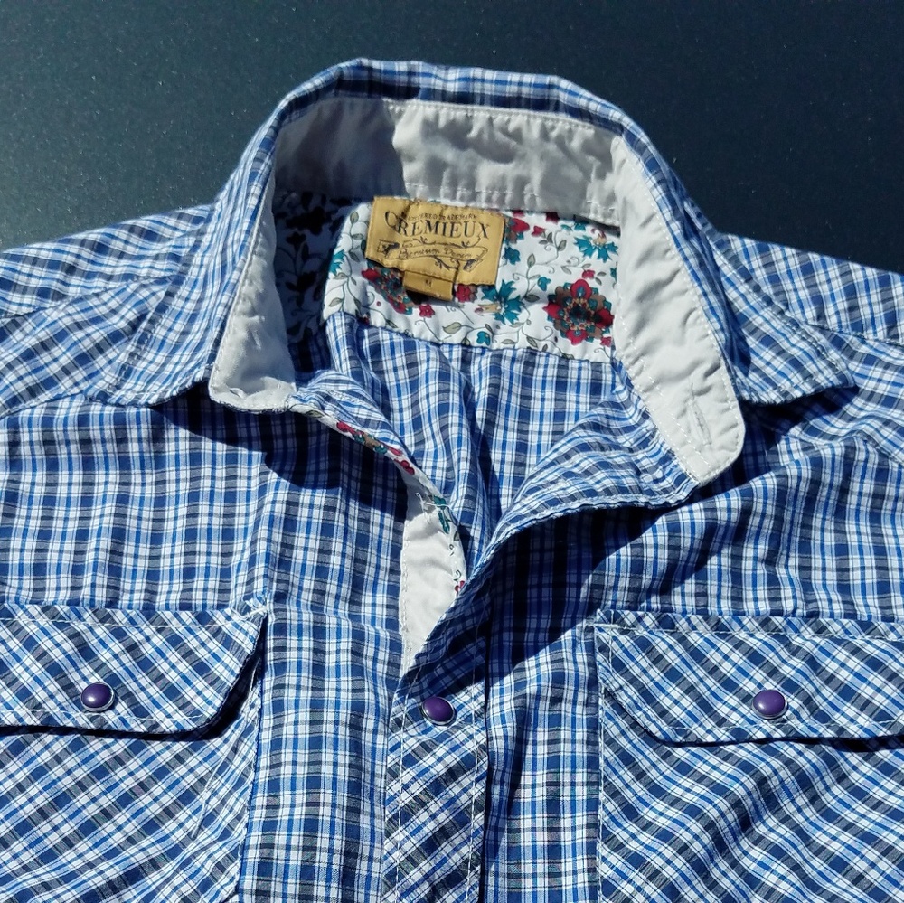 Cremeiux blue plaid snap/button cotton shirt